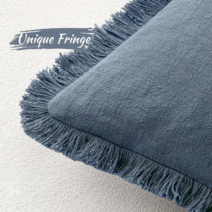 MIULEE Linen Fringe Decorative Euro Throw Pillow Covers Blue Ashes 24x24 | Set - Image 3